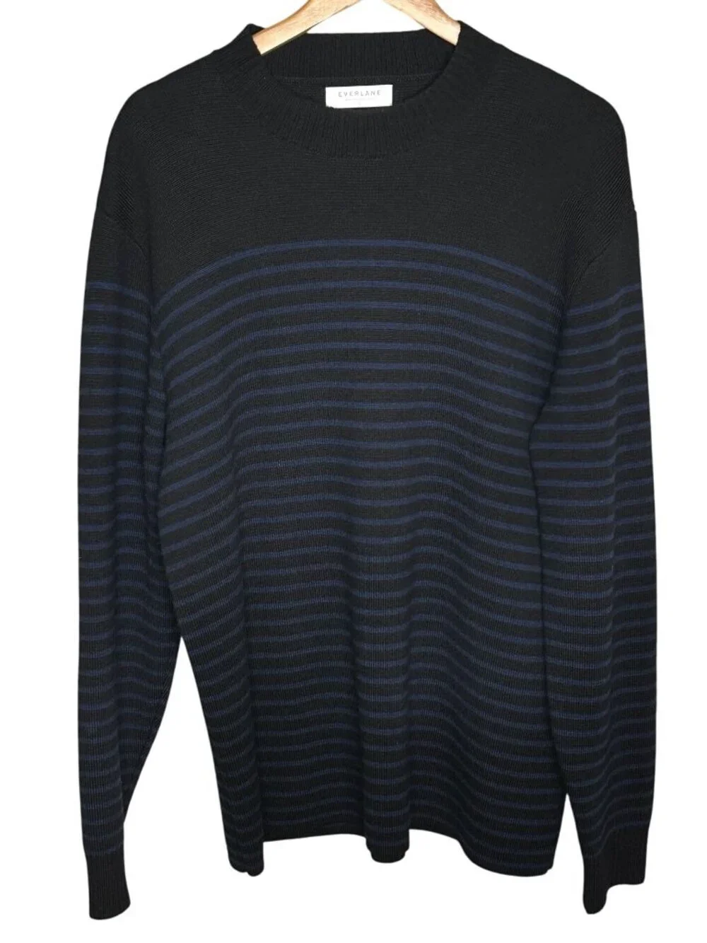 Everlane Wool Blend Navy Striped Crewneck Sweater Minimalist Old Money Sz L